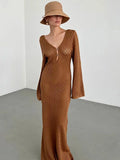 DERMEARNE Sexy Women Long Knit Beach Dress Hollow-Out Deep V-Neck Long Sleeve Bikini Cover-Ups Dress Fall Backless Holiday Dress