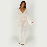 DERMEARNE Sexy Women Long Knit Beach Dress Hollow-Out Deep V-Neck Long Sleeve Bikini Cover-Ups Dress Fall Backless Holiday Dress