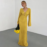 DERMEARNE Sexy Women Long Knit Beach Dress Hollow-Out Deep V-Neck Long Sleeve Bikini Cover-Ups Dress Fall Backless Holiday Dress