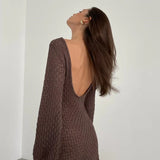 DERMEARNE Sexy Women Long Knit Beach Dress Hollow-Out Deep V-Neck Long Sleeve Bikini Cover-Ups Dress Fall Backless Holiday Dress