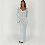 DERMEARNE Sexy Women Long Knit Beach Dress Hollow-Out Deep V-Neck Long Sleeve Bikini Cover-Ups Dress Fall Backless Holiday Dress
