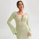 DERMEARNE Sexy Women Long Knit Beach Dress Hollow-Out Deep V-Neck Long Sleeve Bikini Cover-Ups Dress Fall Backless Holiday Dress