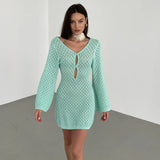 DERMEARNE Sexy Women Long Knit Beach Dress Hollow-Out Deep V-Neck Long Sleeve Bikini Cover-Ups Dress Fall Backless Holiday Dress