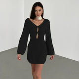 DERMEARNE Sexy Women Long Knit Beach Dress Hollow-Out Deep V-Neck Long Sleeve Bikini Cover-Ups Dress Fall Backless Holiday Dress