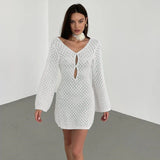 DERMEARNE Sexy Women Long Knit Beach Dress Hollow-Out Deep V-Neck Long Sleeve Bikini Cover-Ups Dress Fall Backless Holiday Dress