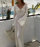 DERMEARNE Sexy Women Long Knit Beach Dress Hollow-Out Deep V-Neck Long Sleeve Bikini Cover-Ups Dress Fall Backless Holiday Dress