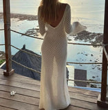 DERMEARNE Sexy Women Long Knit Beach Dress Hollow-Out Deep V-Neck Long Sleeve Bikini Cover-Ups Dress Fall Backless Holiday Dress