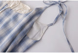 Women's Gentle Style Fresh Plaid Lace Spliced Fake Two-piece Camisole Dresses Summer Off-shoulder Lace-up Mid-length Sling Dress