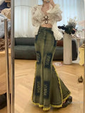 Retro Distressed Burrs Tassels Denim Skirt Lady Long Fishtail Skirts Large Swing 2024 Spring Summer Holiday Faldas Mujer Moda