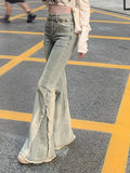 DERMEARNE Women Vintage Blue Jeans High Waist American Retro 90s Raw Material Edge Design Y2k Denim Pants Streetwear Wide Leg Jeans