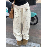 Japanese Casual Dot Pants Woman Harajuku Kawaii Cute Wide Leg Embroidery Trousers Korean Autumn High Waist Pantalones