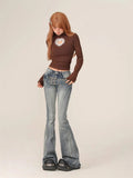Women's Belt Splicing Design High Waist Bell-bottom Pants Vintage American Street Slim Flare Jeans Female Straight Trousers