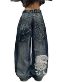 Dermearne Gothic  Y2K Baggy Jeans for Women Hip Hop Streetwear Blue Jeans Women Graphic Retro Jeans 90s Pants Harajuku High Waist Trouser