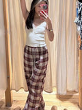 Casual Women Plaid Wide Leg Long Pants 2023 Autumn Fashion Ladies Rawstring High Waist Trousers Vintage Women Pocket Chic Pant