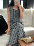 Korea Chic Summer Retro One Piece Dress Women Round Neck Cross Lace Up Loose Dresses Japan Sleeveless Casual Plaid Vest Dress