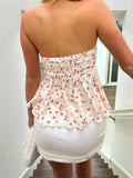 Dermearne Strapless Off Shoulder Ruched Tube Tops Women Front Tie-up Ruffles Summer Party Clubwear Tank fLORAL pRINT Mini Vest