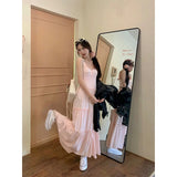 Sweet Pink Maxi Dress Women Vacation White Ruffles One Pieces Long Dresses Summer Sexy Strap Robe Korean Beach Bodycon Vestidos