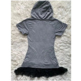 Gothic Punk Women T Shirts with Hooded Grey Subculture Harajuku Y2k Casual Rock Tops Summer Short Sleeve Grunge Popular Tees