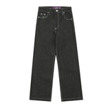 Streetwear Washed Vintage Black Letter Logo Baggy Jeans Pants for Men and Women Straight Solid Loose Casual Denim Trousers