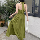 Women's elegant dress 2024 Spring Festival new Europe and the United States tied avocado color neck A pendulum long skirt
