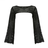 Women Y2k Crochet Knit Hollow Out Crop Top Long Flared Sleeve Shrug Sweater Mesh Cover Ups Cardigan Streetwear Pullover Women