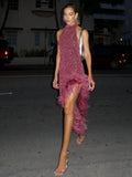 Feather Hem Evening Dress Women Sexy Halter Off Shoulder Sleeveless Backless Slim Robes 2024 Lady Club Party Dresses