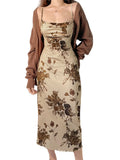 Women Backless Maxi Dress Floral Print Spaghetti Strap Bodycon Y2K Long Dress Low Cut Fishtail Dress for Women