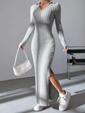 Dermearne Women sexy knit V-neck reverse neck split dress autumn winter full sleeve elastic basic body sweater