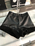 Dermearne 1 Winter New Women Sexy High Waist PU Leather Combination Fur Design Slim Shorts