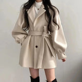 Fashion Korean Women Faux Woolen Coats Elegant Belt Ladies Jacket Fall Casual High Waist Tunic Female Blends Outwear