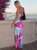 Fashion Sexy Maxi Dress For Women Summer New Sleeveless Backless Slim Dresses Print Casual Streetwear Club Elegant Party Dress