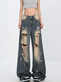Ripped Jeans for Women Hot Girl Vintage Washed Distressed Baggy Jeans Women Casual Wide Leg High Waisted Jeans Woman Pants
