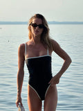 Dermearne Sexy Black White Contrasting Women Bodysuit Fashion Square Neck Sleeveless Bodycon Swimsuit Summer Lady Beach Vacation Tops
