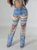 Women Plus Size Pearls Jeans Casual Vintage Cutout High Waist Y2K Streetwear Pearls Denim Jeans Pockets Slim Denim Trousers
