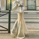 Two Layer Lace Trumpet & Mermaid Long Skirts For Women Vintage Elegant Fashion High Waist Skirt Holiday Outfits