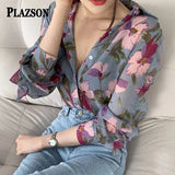 Flower Print Summer Sunscreen Shirt Casual Long Sleeve Lapel Button-up Thin Perspective Chiffon Blouse Vintage Womens Shirt 여름셔츠