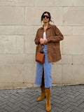 Solid Women Suede Coats Turn-down Collar Single Breasted Pocket Loose Female Jackets 2024 Autumn Winter New Fashion Lady Coats