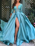 Y2K Women's Dress Splited Deep V-neck Solid Color Belt Summer Hot Gold Swing Long Train Evening Party Dresses Luxury