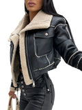 Dermearne Women PU Faux Fur Leather Jacket Faux Fur Open Front Casual Furry Collar Lapel Short Parka Coat Warm Cardigan with Belt Outwear
