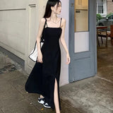 Black Midi Dress Women Spaghetti Strap Split Solid Color Casual Elegant Dresses