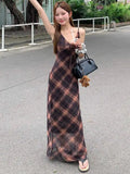 DERMEARNE Vintage Brown Plaid V Neck Sleeveless A-line Long Dresses Women Backless Holiday Lace-up Sundress Popular Summer Streetwear Chic