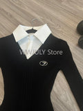 2024 New Fashion Women's Fake Two Piece Shirt Spliced Knitted Dress Sweet Spicy Girl Contrast Color Slim Fit Waist Mini Dress