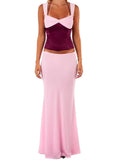 DERMEARNE JULISSA MO Patchwork Sexy Spaghetti Strap Two Piece Sets Women Skirt Suit Backless Top Long Skirt Spring Slim Elegant Streetwear