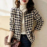 Vintage Early Autumn Tweed Women Jacket ins Style Elegant Gentlewomen Black White Tweed Lady Winter Cardigan Outwear Outwear