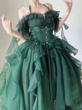 Dermearne Green Flower Wedding Dress Cos Lolita Dress Op Dress Lolita Heavy Industry Trail Puffy Princess Dress, Lolita Cosplay