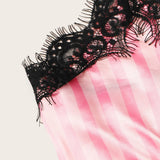 Dermearne Satin Silk Pajamas Set Women Sexy Lace Sleepwear Summer Hot V-neck Sleeveless Pijamas Faux Silk Homewear Pink Striped Nightwear