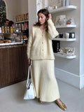 Casual Mohair Women Knit Set Elegant V-neck Long Sleeve Single Breasted Knitting Cardigan Autumn Lady Street Midi Skirt Outfits