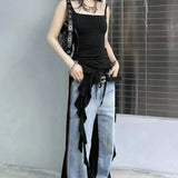Dermearne Sexy Tank Top Asymmetrical Black Y2k Women Ruffle Grunge Backless Coquette Fashion Streetwear Tops Solid AestheticsD