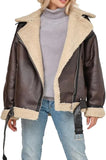 Winter Women Faux Lamb Fur Leather Short Jacket Lapel Zipper Bomber Aviator Coat Oversized Warm Moto Biker Jackets for Women
