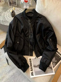 Women Bomber Jacket Zipper Long Sleeve Coat Spring Autumn Cropped Jacket Sweatshirt Pocket Patchwork Tops Loose Casual Outerwear